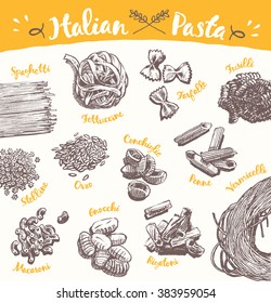 Set of hand drawn Italian pasta, vector illustration, sketch