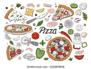 Set of  hand drawn  italian pizza and vegetables isolated on white. Vector doodle pizza elements