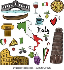 Set of hand drawn Italy icons, Rome set in vintage style. Colorful vector doodle elements, Isolated national elements made in vector.