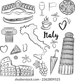 Set of hand drawn Italy icons, Rome set in vintage style. Vector doodle elements, Isolated national elements made in vector.