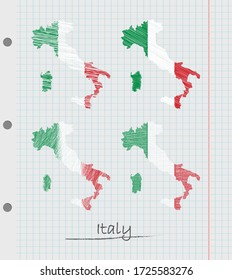 Set of hand drawn Italy map with the flag.