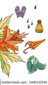 Set with hand drawn of items of autumn clothes, leaves and drops.Iink and colored sketch elements  isolated on white background.