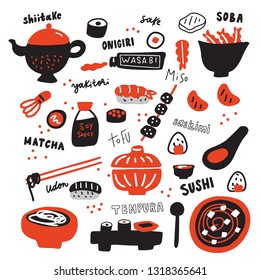 Set Of Hand Drawn Japanese Food And Its Names. Doodles. Typography. Made In Vector