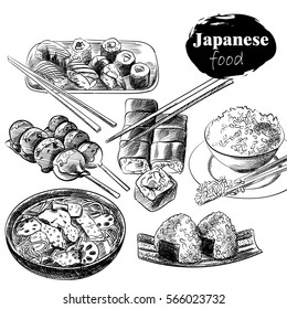 Set of hand drawn Japanese food isolated on white background. Japanese food sketch elements. Retro hand-drawn sushi with chopsticks vector illustration. Great for poster, banner, voucher, coupon.