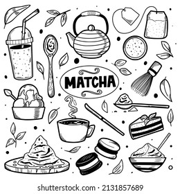 Set handgezeichnete japanische Matcha-Teezutat und traditionelle Zeremonie Elemente, Matcha latte, Kuchen, Dessert, Tasse, Löffel, Matcha Blatt. Doodle-Sketch-Illustration.