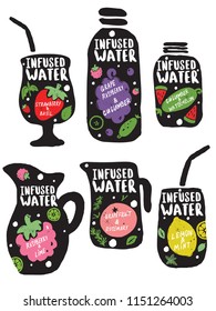 Set of hand drawn jars and glasses with lettering inscriptions and illustrations of fruits. Infused water. Concept for smoothie bar menu, organic labels.