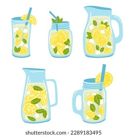 Set of hand drawn jars and glasses with lemonade. Vector illustration of fresh summer drink, tasty health beverage, refreshing citrus drink