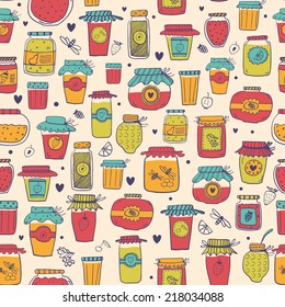 El conjunto de tarros dibujados a mano con mermeladas caseras. Ilustración vectorial para su diseño.