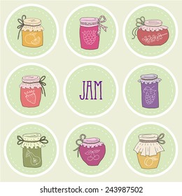 The set of hand drawn jars with home-made jams.