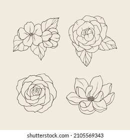 Set of hand drawn jasmine, camellia, rose, magnolia