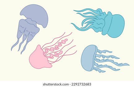 Set of hand drawn jellyfish. Collection of cartoon meduses