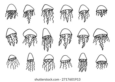 Conjunto de dibujado a mano doodle de medusa Ilustración de animales marinos Criatura submarina linda Clipart de boceto de Medusa Elemento único para Web, diseño, decoración, impresión para niños