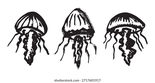 Conjunto de dibujado a mano doodle de medusa Ilustración de animales marinos Criatura submarina linda Clipart de boceto de Medusa Elemento único para Web, diseño, decoración, impresión para niños