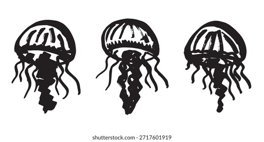 Set handgezeichnete Qualle doodle Meertier Illustration Niedliche marine Unterwasserkreatur Medusa Skizze Clipart Einzelelement für Web, Design, Dekor, Kinderdruck