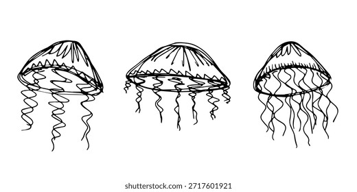 Conjunto de dibujado a mano doodle de medusa Ilustración de animales marinos Criatura submarina linda Clipart de boceto de Medusa Elemento único para Web, diseño, decoración, impresión para niños