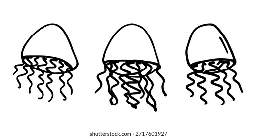 Conjunto de dibujado a mano doodle de medusa Ilustración de animales marinos Criatura submarina linda Clipart de boceto de Medusa Elemento único para Web, diseño, decoración, impresión para niños