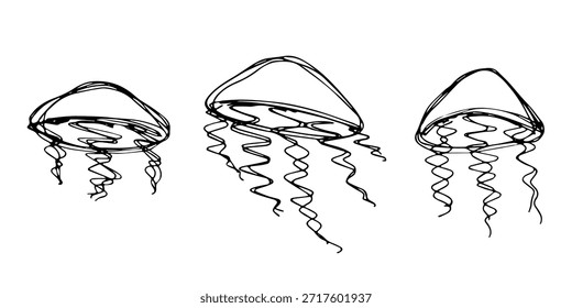 Conjunto de dibujado a mano doodle de medusa Ilustración de animales marinos Criatura submarina linda Clipart de boceto de Medusa Elemento único para Web, diseño, decoración, impresión para niños
