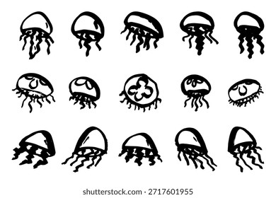 Conjunto de dibujado a mano doodle de medusa Ilustración de animales marinos Criatura submarina linda Clipart de boceto de Medusa Elemento único para Web, diseño, decoración, impresión para niños