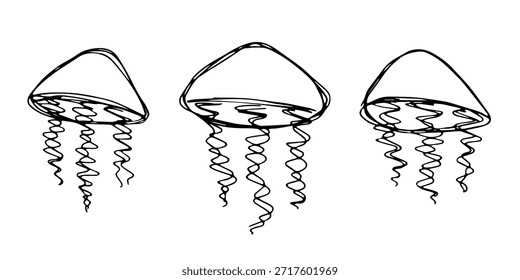 Set of hand drawn jellyfish doodle Sea animal illustration Cute marine underwater creature Medusa sketch clipart Single element for web, design, decor, children's print
