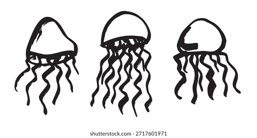 Conjunto de dibujado a mano doodle de medusa Ilustración de animales marinos Criatura submarina linda Clipart de boceto de Medusa Elemento único para Web, diseño, decoración, impresión para niños