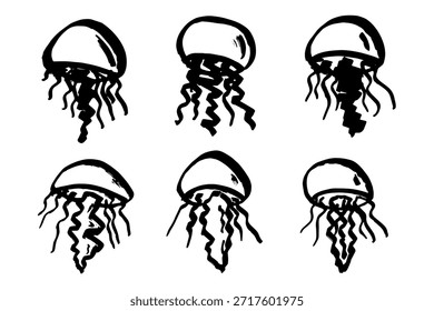 Set handgezeichnete Qualle doodle Meertier Illustration Niedliche marine Unterwasserkreatur Medusa Skizze Clipart Einzelelement für Web, Design, Dekor, Kinderdruck