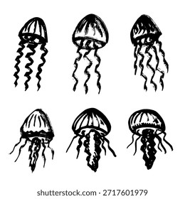 Conjunto de dibujado a mano doodle de medusa Ilustración de animales marinos Criatura submarina linda Clipart de boceto de Medusa Elemento único para Web, diseño, decoración, impresión para niños