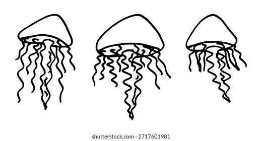 Conjunto de dibujado a mano doodle de medusa Ilustración de animales marinos Criatura submarina linda Clipart de boceto de Medusa Elemento único para Web, diseño, decoración, impresión para niños