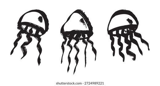 Set of hand drawn jellyfish doodle Sea animal illustration Cute marine underwater creature Medusa sketch clipart Single element for web, design, decor, children's print