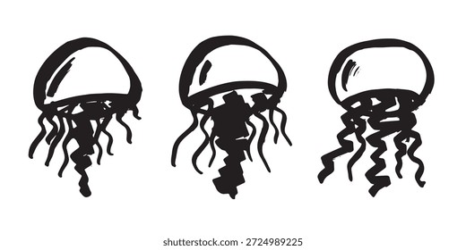 Set handgezeichnete Qualle doodle Meertier Illustration Niedliche marine Unterwasserkreatur Medusa Skizze Clipart Einzelelement für Web, Design, Dekor, Kinderdruck