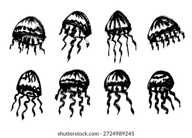 Set of hand drawn jellyfish doodle Sea animal illustration Cute marine underwater creature Medusa sketch clipart Single element for web, design, decor, children's print