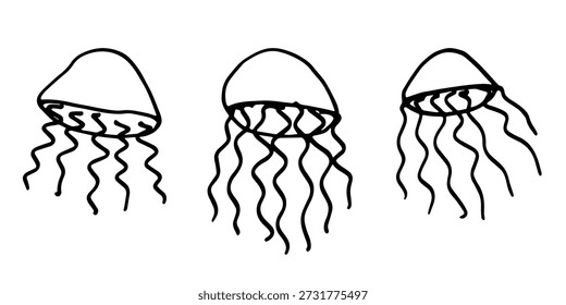 Conjunto de garabato de medusa dibujado a mano Ilustración de animal marino Criatura submarina linda Clipart de boceto de Medusa Elemento único para Web, diseño, decoración, impresión infantil