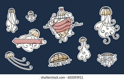 Set of hand drawn jellyfish stickers. Ocean animals collection of isolated marine fauna. Sketch style. Vector illustration isolate on dark blue