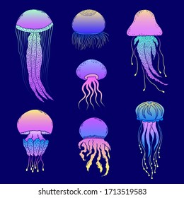 Set of hand drawn jellyfishes in doodle style on black background