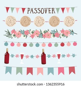 Set of  hand drawn Jewish holiday Pesach, Passover garlands with lights, party bunting flags. Hand drawn web banners, borders with bottle of wine, matzo bread, olive branches and flowers. 