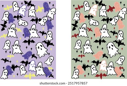 A set of hand drawn joyful halloween theme vector background image materials. There are cute ghosts bats and stars above
