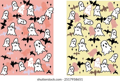 A set of hand drawn joyful halloween theme vector background image materials. There are cute ghosts bats and stars above
