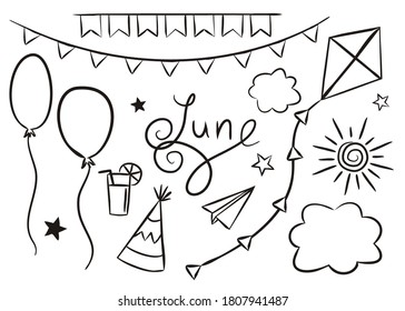Conjunto de elementos de junio dibujados a mano aislados en fondo blanco. Iconos de verano en estilo doodle. Cometa, globos, nubes, sol, banderas y el nombre escrito a mano Junio. Ilustración del vector