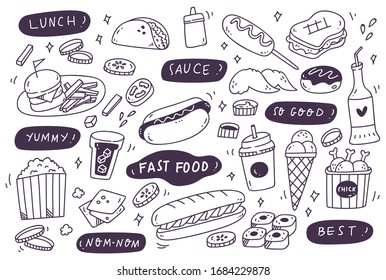 Set of Hand Drawn Junk Food Doodle, Sketchy Unhealthy Food Set Vector Illustration