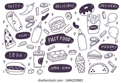 Set of Hand Drawn Junk Food Doodle, Sketchy Unhealthy Food Set Vector Illustration