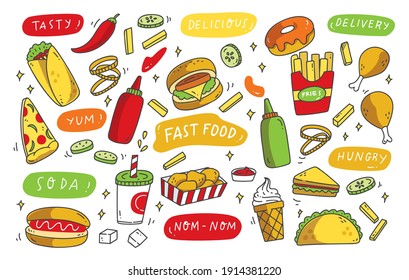 Set of Hand Drawn Junk Food Doodle, Sketchy Unhealthy Food Set Vector Illustration