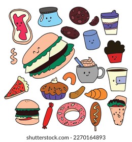 Set of hand drawn junk food or fastfood object vector illustration