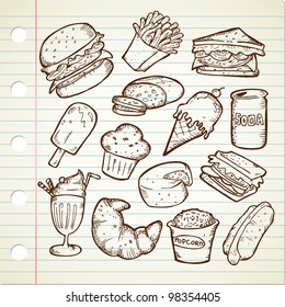 Set of hand drawn junk food doodles