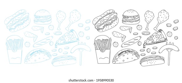Set of hand drawn junkfood or fast food isolated on white background. burger, potatoes stick, fried chicken, hotdog, sausage, pizza