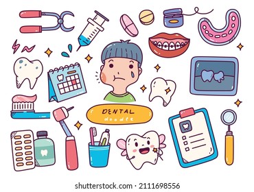 Conjunto de Dental Hand Drawn Kawaii. Ilustración del vector Doodles