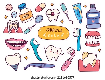 Set of Hand Drawn Kawaii Dental. Doodles Vector Illustration