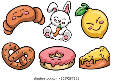 Set of Hand drawn kawaii element. collection of croissant, bunny, lemon, pretzel, donuts, cake Isolated Vector