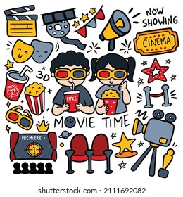 Set of Hand Drawn Kawaii Movie Time Vector Illustration