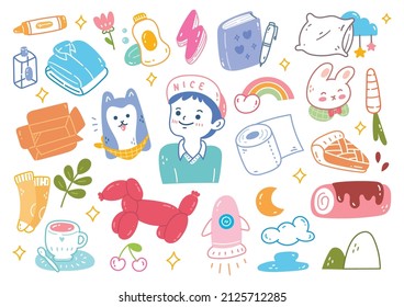 Set of Hand Drawn Kawaii Object Doodle Element vector illustration