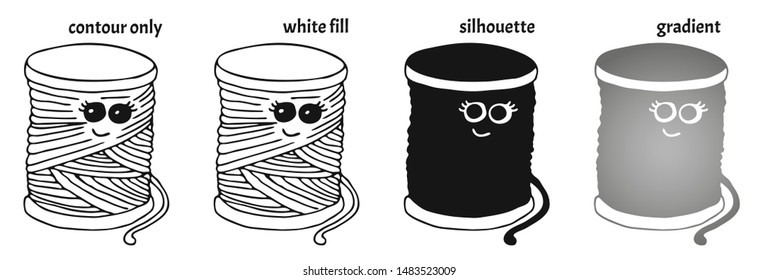 Set of hand drawn kawaii spools of thread in different versions: contour only, white fill, silhouette and gradient. Isolated cartoon vector illustration in doodle style