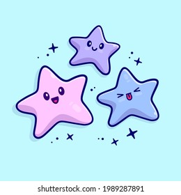 Set of hand drawn kawaii stars. Cute kawaii characters. Night sky.